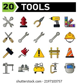 Tools construction icon set include wrench, tools, spanner, contraction, equipment, hydrant, water, fire hydrant, fire, pliers, carpenter, handyman, technician, drill, tool, pan tone, color, paint