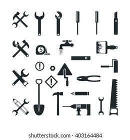 tools Construction Icons set Working hammer build roller drill measurement cutter    vector brush spanner saw
