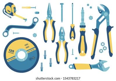 Сollection of tools for construction and repair: circle for a grinder, roulette, spanner, adjustable ticks, slotted screwdriver, pliers, adjustable wrench, reversing screwdriver, nuts, screws, dowels.