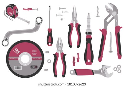 Сollection of tools for construction and repair: circle for a grinder, roulette, spanner, adjustable ticks, slotted screwdriver, pliers, adjustable wrench, reversing screwdriver, nuts, screws, dowels.