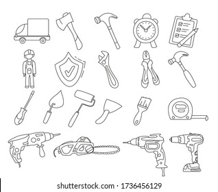 Tools for construction and repair. Drill,  power saw, hammer, screwdriver, tape measure, ax, pliers. Icons for companies engaged in construction and repair: thin linear icon set, black and white set. 