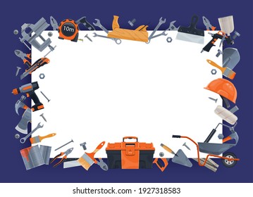 Tools for construction, repair and house renovation works banner. Plane, wrenches and spatula, paint brush, roller and player, utility knife, wheelbarrow and power screwdriver, safety helmet vector