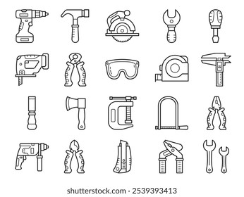 Herramientas para la construcción y reparación de iconos establecidos en estilo de línea. Hacha, martillo, destornillador, llave, sierra circular, destornillador, pinza, rompecabezas, abrazadera, rompecabezas, taladro, alicates. Ilustración vectorial