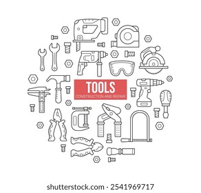 Tools for Construction and Repair Icons Set in Line Style in a circular composition