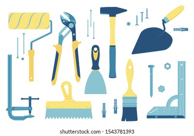 Сollection of tools for construction and repair: paint roller, paint brush, corner ruler, adjustable ticks, trowel, putty knife, glue spatula, clamp, hammer, nails, screws, dowels. Vector illustration