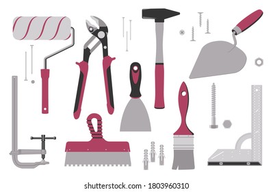 С colección de herramientas de construcción y reparación: rodillo de pintura, pincel de pintura, regla de esquina, garrapatas ajustables, pala, navaja, espátula de pegamento, abrazadera, martillo, uñas, tornillos, centelleos. Ilustración del vector
