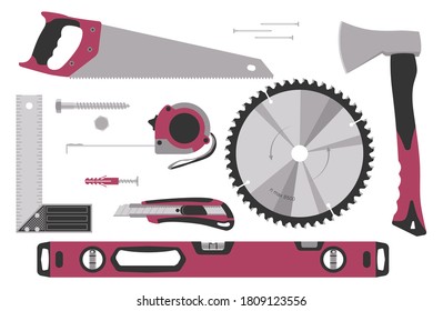 Сollection of tools for construction and repair: wood hacksaw, ax, spirit level, saw blade, roulette, corner ruler, building knife, screws, dowels, nails. Vector illustration. Isolated on white.