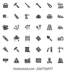 Tools and construction vector icons set, modern solid symbol collection, filled style pictogram pack. Signs, logo illustration. Set includes icons as construction worker, safety workwear, tool box