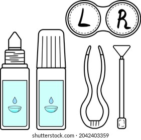 Tools für Kontaktlinsen: Linsenlösung, Pinzette, Behälter, weiches Silikon Scoop. Set von Bildern. Vektorbild einzeln auf weißem Hintergrund.
