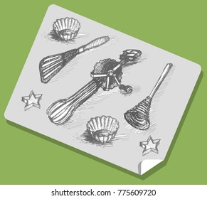 Tools for Cooking Cupcakes. Sketches. Vector illustration