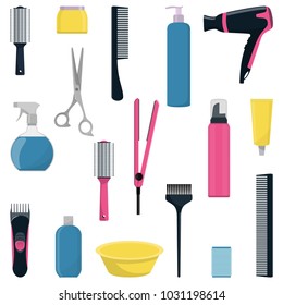 Tools And Cosmetic Products For Hair Care. Professional Hairdressing Tools. A Set Of Elements For A Beauty Salon. Vector Illustration In Flat Style