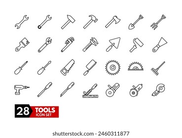 Herramientas, artesanías, mejoras para el hogar - conjunto de iconos - pala, cepillo, martillo, hacha, destornillador, plano, cincel, tallado, bricolaje	