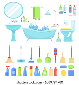 Tools for creating cleanliness in the bathroom. Body and household hygiene, cleaning service. Flat vector cartoon illustration. Objects isolated on white background.