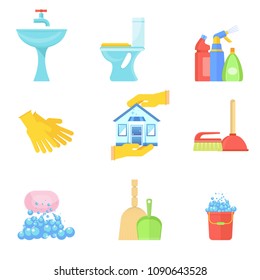 Tools for creating cleanliness in the bathroom. Body and household hygiene, cleaning service. Flat vector cartoon illustration. Objects isolated on white background.