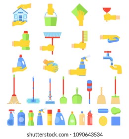 Tools for creating cleanliness in the bathroom. Body and household hygiene, cleaning service. Flat vector cartoon illustration. Objects isolated on white background.