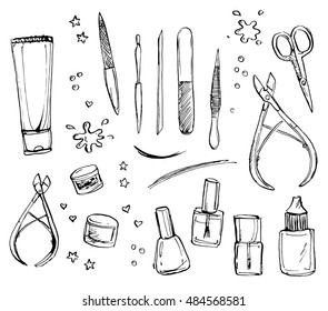 Tools for creating a manicure. ink illustration.