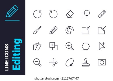 Herramientas para crear iconos de archivo de edición establecen la ilustración vectorial. Pincel, sello, paleta de colores y otro icono de línea. Edición, hacer ajustes