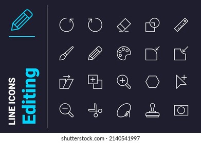 Tools to creative edit file icons set vector illustration. Brush, stamp, color palette and other line icon. Editing, make adjustments concept
