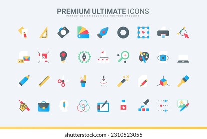 Tools for creative projects of designer, software and stationery for interface panel in mobile app, pack for creators portfolio. Graphic design trendy flat icons set vector illustration