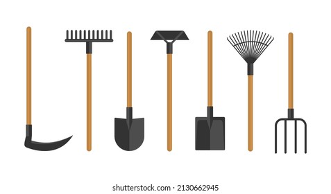 Tools for cultivating the soil and harvesting in the garden. Set of flat icons.