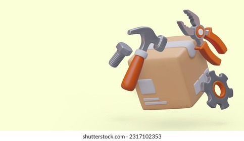 Tools delivery by mail. Online store of equipment for repair and construction. 3D parcel, hammer, gear, pliers. Horizontal color poster in cartoon style