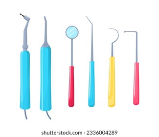 Tools for dental procedures vector illustrations set. Collection of drawings of dentist equipment, excavator, dental mirror and drill, filling instrument. Dentistry, dental care, healthcare concept