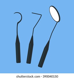 Tools dentist set design flat isolated. Care and hygiene medicine tool, medical dentistry tools, mirror dental equipment instrument metal vector illustration