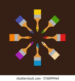 Tools design paint brushes different colors isolated on dark background in flat style. Vector illustration