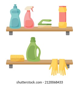 Tools and detergents  for cleaning and disinfection on shelves. House cleaning service concept. Flat vector illustration on white background.