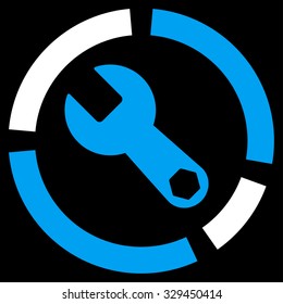 Tools Diagram vector icon. Style is bicolor flat symbol, blue and white colors, rounded angles, black background.