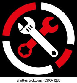 Tools Diagram vector icon. Style is bicolor flat symbol, red and white colors, rounded angles, black background.
