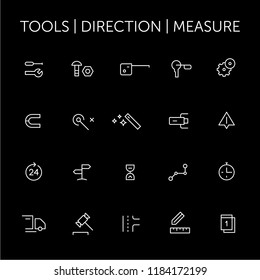 Tools. Direction. Measure. Icons set. Thin lines. White on black.