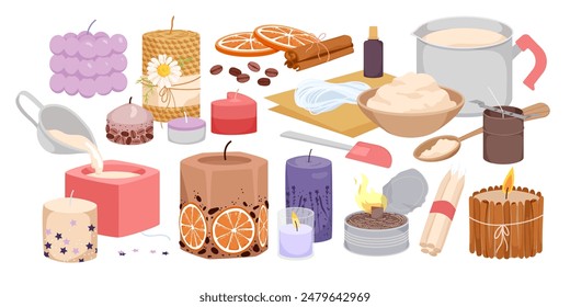 Tools and diy materials for making natural candles for aromatherapy at home set. Organic homemade perfumery and aroma oil, aromatic ingredients to make cozy candle cartoon vector illustration