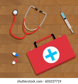Tools of doctor on table. Doctor workplace concept, diagnostic and instrument. Vector illustration
