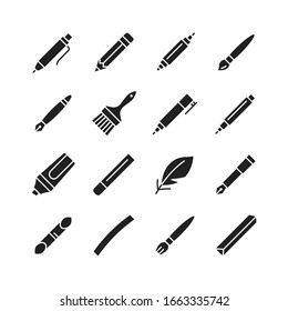 Tools For Drawing, Calligraphy, Lettering, Sketching Flat Glyph Icon Set. Paintbrush, Pen, Pencil, Feather, Marker, Felt Pen, Charcoal, Crayon, Chalk, Bamboo.Vector Illustration.