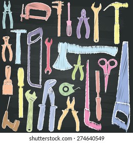 Tools is drawing from chalk on the blackboard in vector format.
