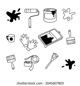 Tools for drawing in the interior. Repair work. Vector set of illustrations with doodles on a white background. Paint, roller, brushes. Drawings for decoration on the construction theme.