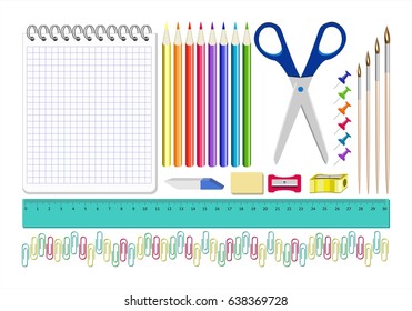 Tools for drawing. Office items. Pencils, eraser, brushes, sharpener, scissors, paper clips, notepad, ruler, paints. Vector illustration.