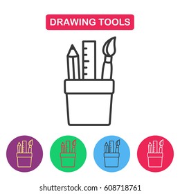 Tools for drawing. Simple thin line icon for websites, web design, mobile app, infographics. Pencil, brush and ruler.