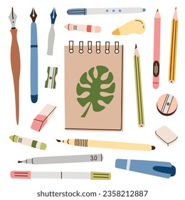 Tools for drawing and sketching, fineliner and calligraphy pens set, notepad with pencils and erasers, hand drawn collection of artist supplies, isolated colored clipart on white background