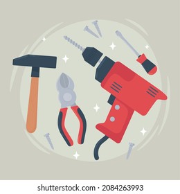 tools drill and pliers with screws