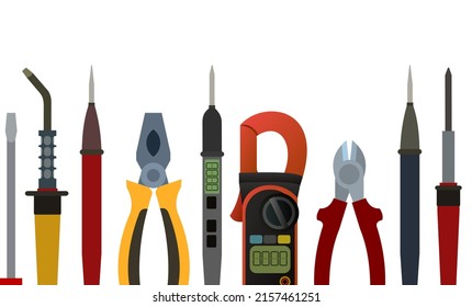 Tools for electrician. Repair of radio electronic and microprocessor equipment. Spare parts components and service. Isolated on white background. Bottom horizontal composition border. Vector.