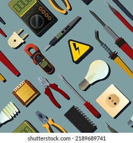 Tools for electrician. Repair of radio electronic and microprocessor equipment. Spare parts components and service. Seamless pattern. Vector