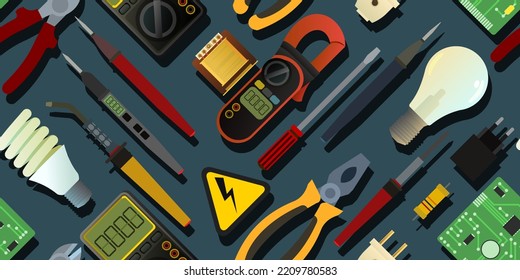 Tools for electrician. Repair of radio electronic and microprocessor equipment. Spare parts components and service. Seamless pattern. Vector