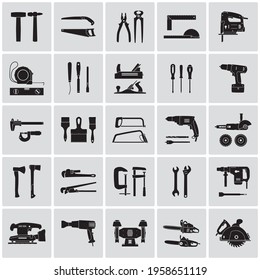 Tools and electrotool detailed icon set. Vector silhouette illustration