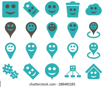 Tools, emotions, smiles, map markers icons. Vector set style: bicolor flat images, grey and cyan symbols, isolated on a white background.
