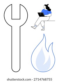 Tools, energy industry, remote work, heating solutions, repairs, digital activity. Large wrench, flame icon and person with a laptop. Tools and energy industry conceptual