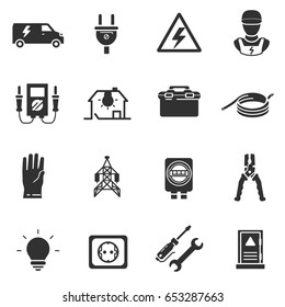 Tools and equipment for electrical work. Electrician, monochrome icons set. Energetics, simple symbols collection.