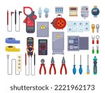 Tools or equipment of electrician vector illustrations set. Drawings of power sockets, electrical control panel, pliers, switchers, screwdrivers on white background. Electricity, construction concept