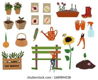 Tools and equipment for gardening, a set of flat icons. Flowers, watering can, seeds, shovel, saplings, boots, gloves, secateurs, bench, sunflower, pots. Vector illustration.